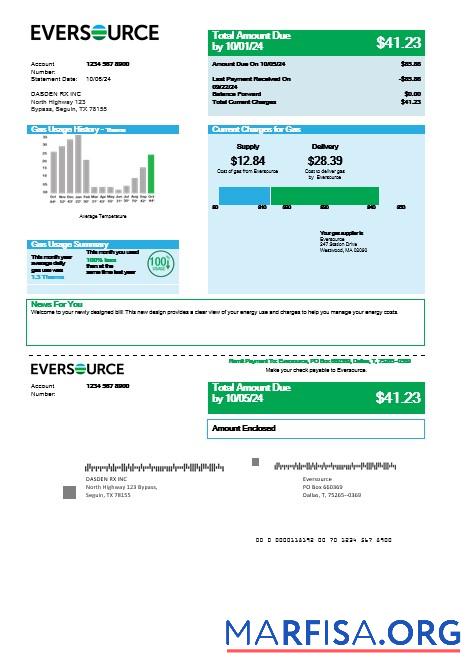 Blank USA Eversource gas business utility bill template in Word and PDF formats, good for address prove